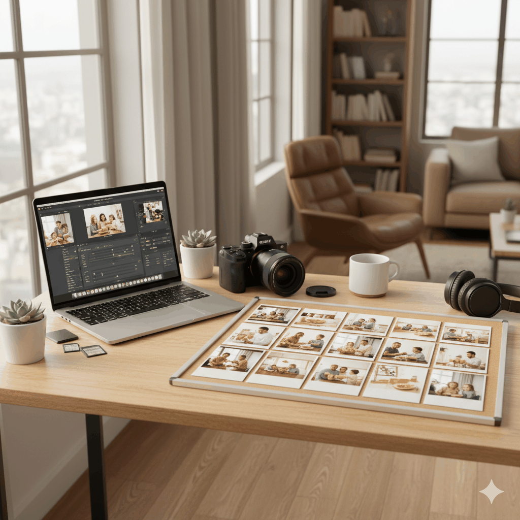 A professional photographer's desk with a camera and a storyboard of lifestyle photos.
