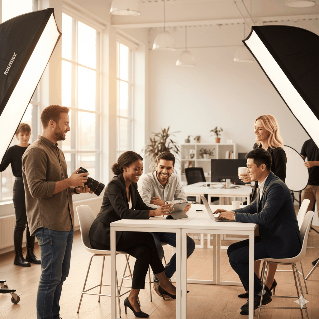 A behind-the-scenes shot of a lifestyle photoshoot in a modern office.