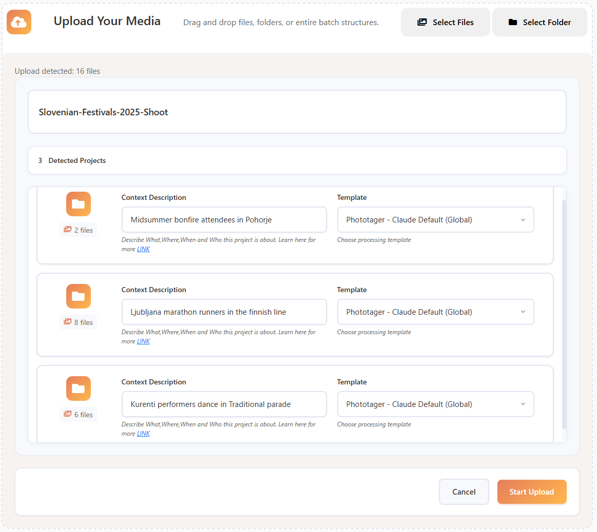 A screenshot of the PhotoTager application interface showing the 'Batch' folder being uploaded for processing.