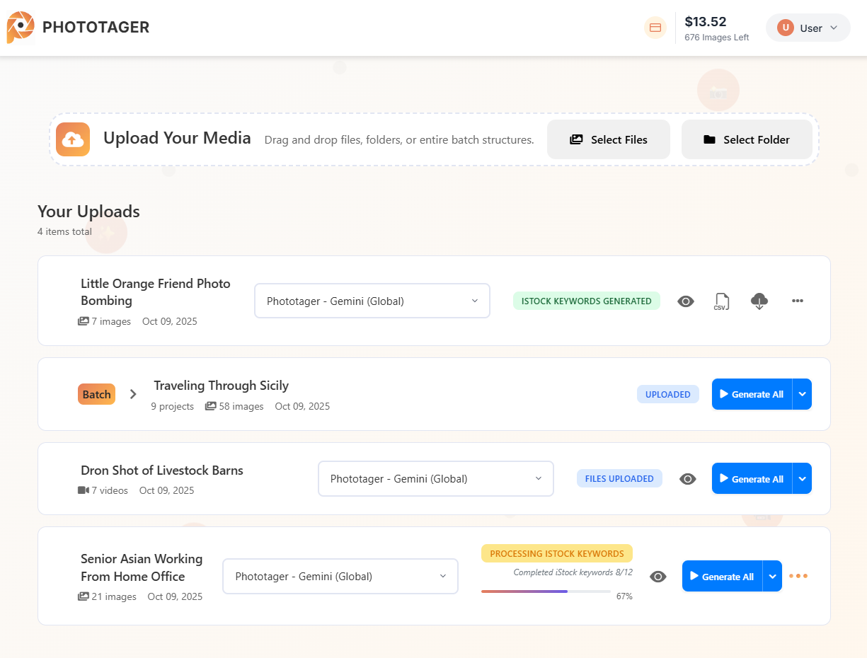 Upload folder interface showing drag and drop functionality